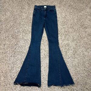 Three Bird Nest Jeans Womens Med Blue Super Flare Dark Wash High Rise Denim